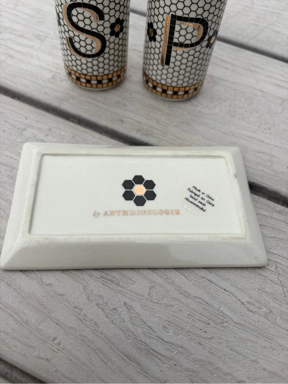 Anthropologie Bistro Tile 24k Gold Accent Salt & Pepper Shakers